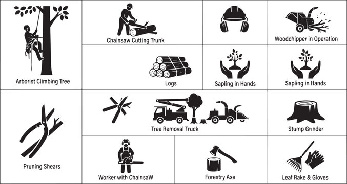 Black and white arborist, lumberjack, and tree care equipment vector icons for forestry and landscaping.