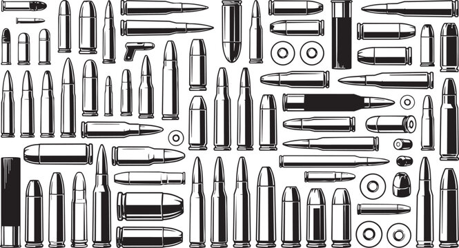 Collection of bullets and ammunition icons for military and hunting themes in line art.