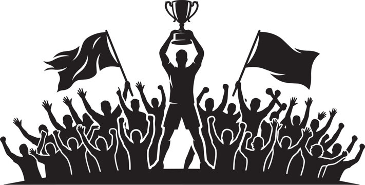 Celebration of victory with cheering crowd holding trophy and flags for success.