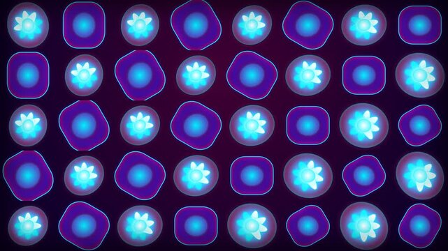 Abstract microscopic cell structure pattern with glowing blue floral elements and dark purple shapes