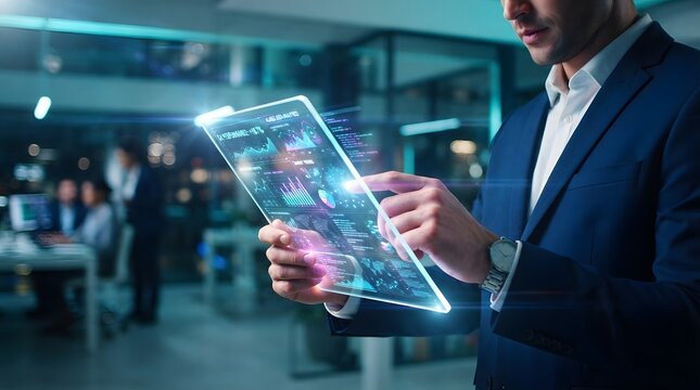 A professional businessman interacting with a transparent digital tablet displaying complex data visualizations and futuristic holographic interface elements in a modern office