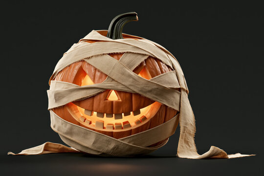 Halloween pumpkin jack o lantern carved face glowing light spooky smile creepy grin mummy wrap bandage holiday decoration dark background