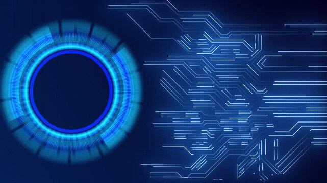 Futuristic blue scanner interface circular HUD circuit lines visualizes processor activity, machine intelligence, automation, robotics, virtual control, engineering, next generation digital technology