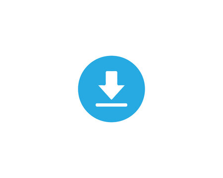 Blue circular button with white download icon on a solid white background