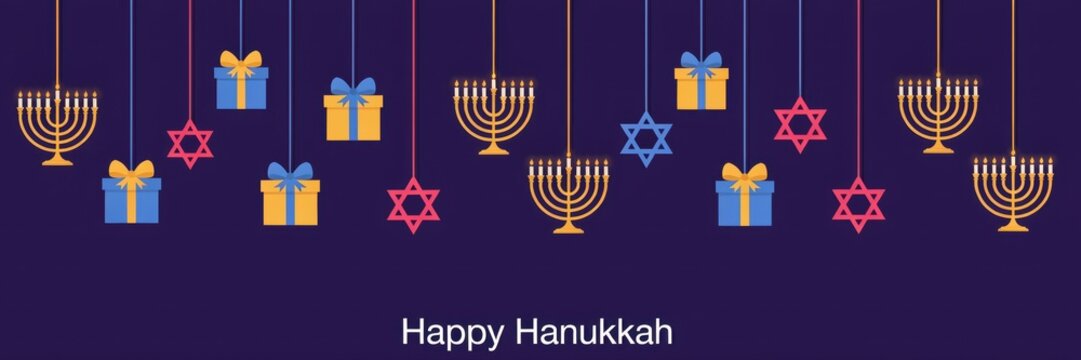 Hanukkah celebration vector banner featuring hanging menorah candles and gift boxes
