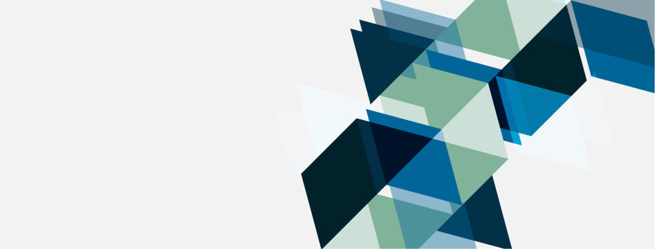 Abstract geometric shapes overlap, creating dynamic visual effect. Blues, greens dominate neutral background. Modern design element.