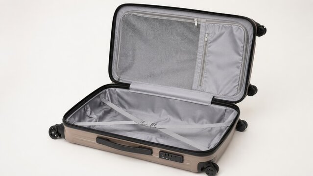 Open hardshell carry-on suitcase with gray interior, zippered mesh pocket, cross straps, combination lock and four spinner wheels