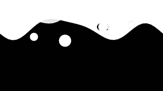 Minimalist abstract black and white wave landscape with floating geometric circles and minimal forms for art design