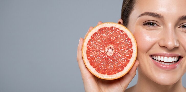 Woman smiling, holding grapefruit half near glowing face on grey background, promoting natural beauty and healthy skincare.