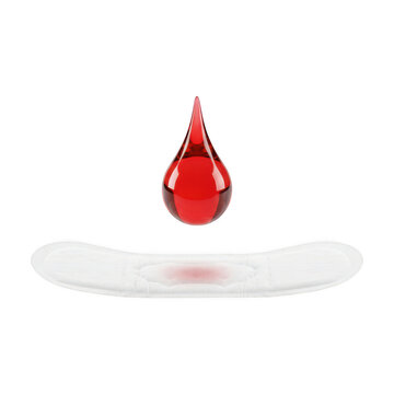 A white sanitary napkin with a glowing red liquid drop floating above it, representing menstrual health, isolated on a white background isolated on a transparent background