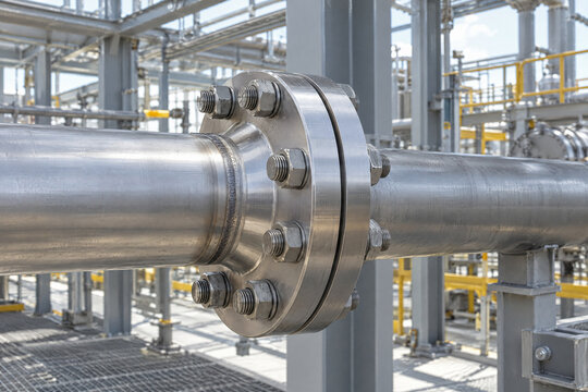 Weld neck raised-face steel pipe flange installed in a modern industrial process plant