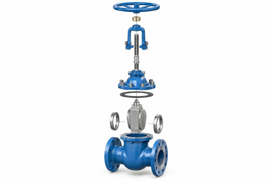 Exploded view technical illustration of a industrial gate valve with handwheel