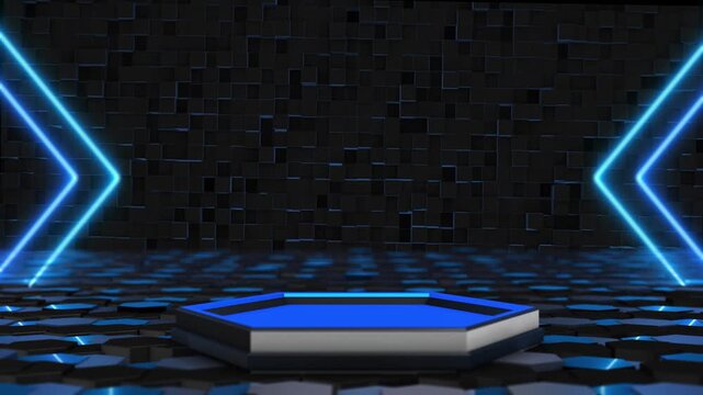 Blue display stage futuristic arrows, geometric walls empty platform dramatic technology environment for commercial showcases, exhibitions, launches, presentations, awards modern promotional visuals.