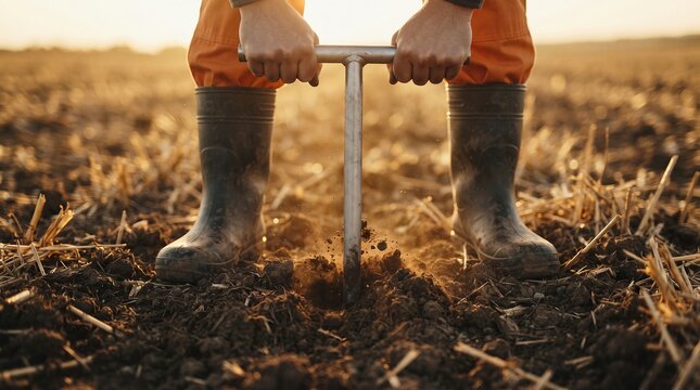 Soil sampling with probe in hands in cultivated field at sunset, for agricultural research and analysis.