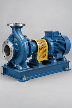 Horizontal centrifugal process pump with electric motor on a common baseplate isolated on grey background with copy space