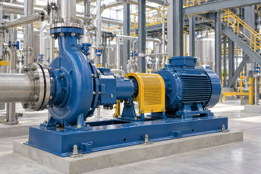 Horizontal centrifugal process pump with electric motor on a common baseplate installed in a modern industrial process plant