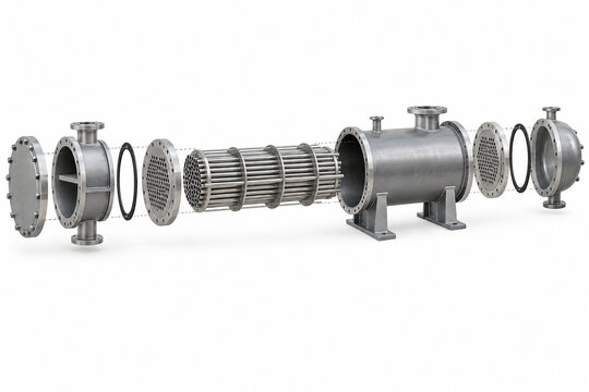 Exploded view technical illustration of a shell and tube heat exchanger (fixed tubesheet type)