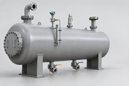 Horizontal three-phase separator pressure vessel isolated on grey background with copy space