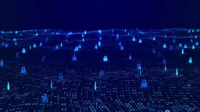 Futuristic digital terrain filled glowing padlocks protected information, cyber defense, encrypted communication, networks, access management, privacy protection modern enterprise security systems.