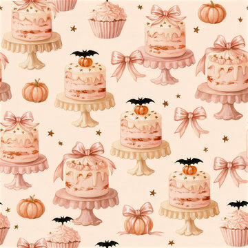 Halloween cake pattern pastel dessert cute pumpkin spooky bat pink bow seamless background autumn holiday sweet food girly style kawaii design Halloween cake pattern pastel dessert cute pumpkin