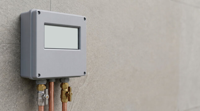 Smart meter box connected to copper pipes and valves on tiled wall, modern plumbing technology.