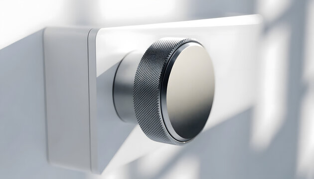Minimalist smart dial controller mounted on clean surface. Home automation and haptic interface. Rotary knob controlling temperature on digital wall plate
