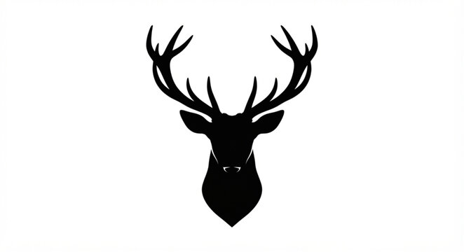 black silhouette of a deer head with large antlers on a white background   
