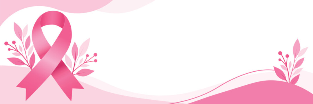 Breast Cancer Awareness Month Banner with Pink Ribbon and Floral Elements