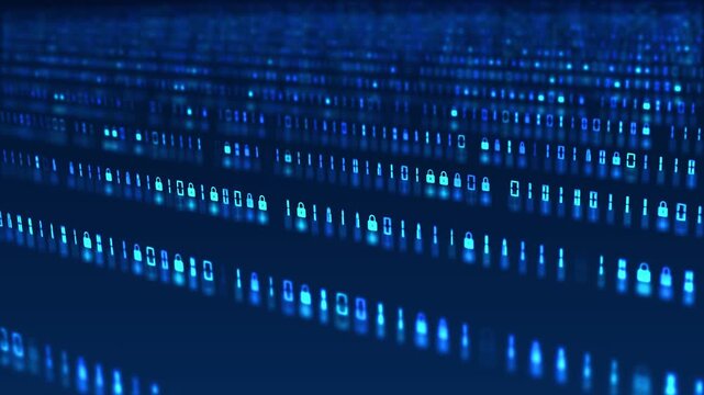 Binary characters lock icons create a futuristic encryption concept protected credentials, computer security, coding, restricted access, authentication, digital identity secure information processing.