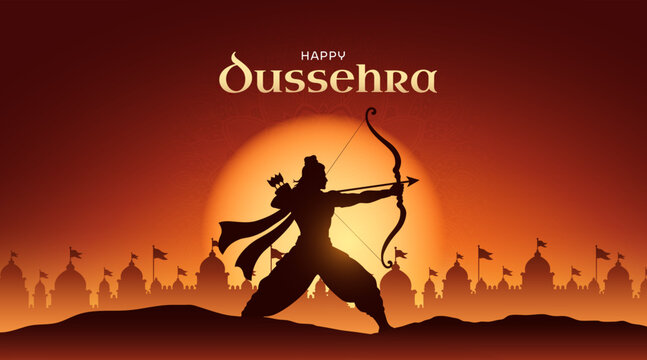 Dussehra Festival Background with Lord Rama Archer Silhouette and Sunset