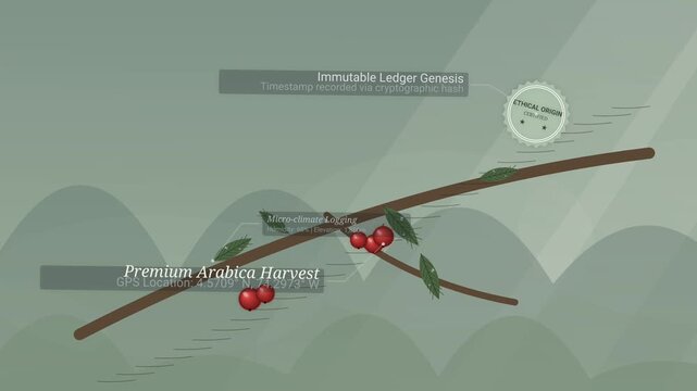Animated infographic of coffee supply chain traceability using blockchain technology, from ethical origin of arabica harvest to artisan roasting and global maritime transit via smart contracts