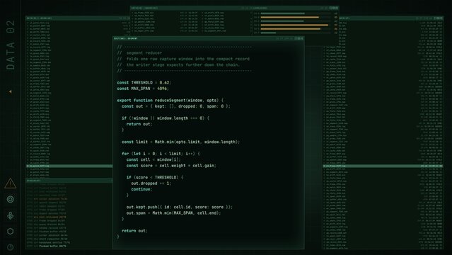 Futuristic cyber developer terminal HUD UI with code and data graphs, green programming screen with file lists and system logs, hacker interface