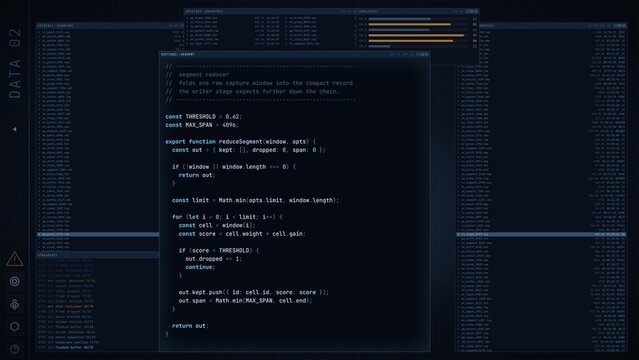 Blue developer terminal HUD UI with code editor and data graphs, programming screen with file lists and system logs, futuristic cyber tech interface