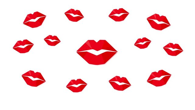 A large red lips icon bursts into smaller kiss marks that spread outward and settle into a lively pop-art composition, ideal for beauty promos, fashion graphics, social media, and romantic visuals.
