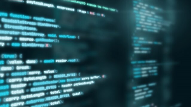 Blurred cyan programming code on dark teal screen in perspective, source code with shallow depth of field, software engineering, AI coding background