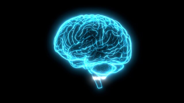 Glowing cyan x-ray human brain on black background, transparent 3D medical render for neurology, MRI diagnostics, neuroscience and AI research visual