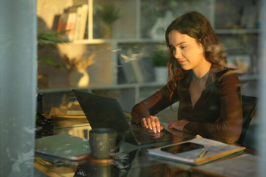 Telecommuter browsing on laptop working at sunset at home