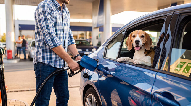 Man refueling car at gas station with beagle dog sitting in passenger seat, bright daylight and vehicles visible in the background