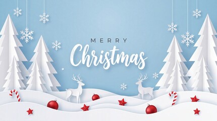 Obraz premium Merry Christmas paper cutout illustration featuring snowflakes, reindeer, red ornaments, and white trees on a blue background