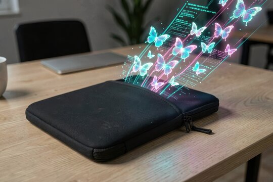 Digital data emerging as glowing butterflies from laptop sleeve