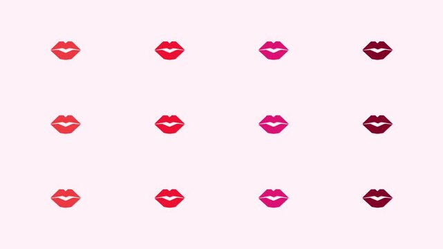 A grid of lips icons shifts through red, pink, and burgundy tones in a rhythmic pop-art sequence, creating a bold animated background for beauty campaigns, fashion displays, and editorial graphics.