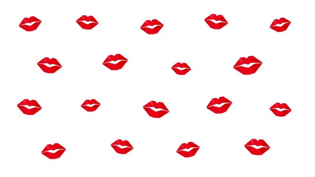 Red lips marks float across the frame with gentle vertical drift, tiny scale breathing, and slight rotation, creating a stylish looping background for beauty promos, fashion visuals, and social media.