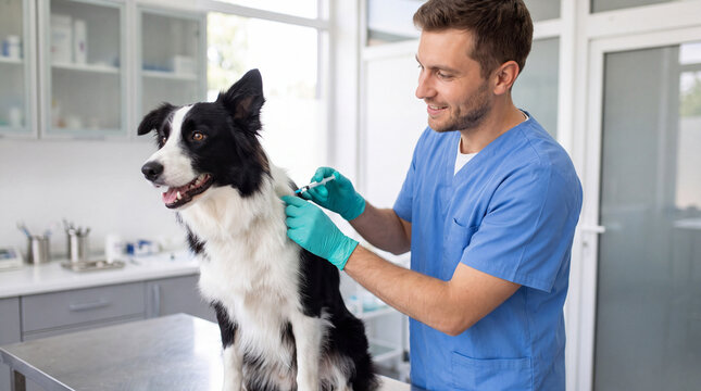 Veterinarian administering vaccination to a black and white dog in a modern veterinary clinic with medical supplies visible in the background