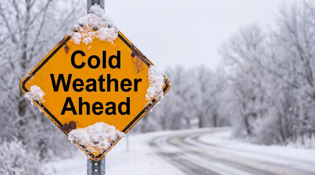 Weather warning sign indicating cold weather ahead, surrounded by snow-covered trees and a winding road in a winter landscape