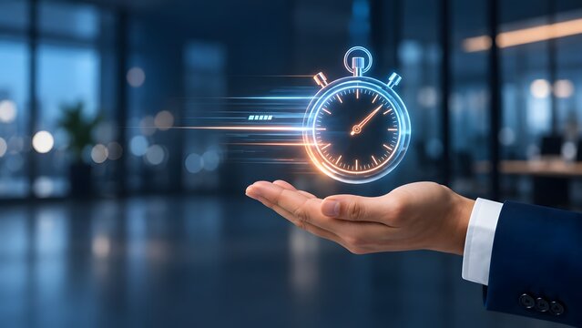 Businessman holding a glowing holographic stopwatch with speed lines representing deadline management and optimized efficiency
