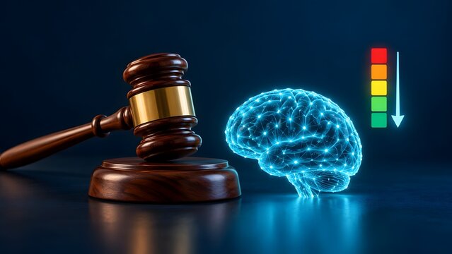 Wooden judge gavel beside a glowing digital brain and descending bar chart illustrating technology regulation or cognitive load reduction