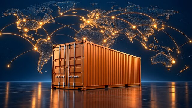 Orange shipping container against a glowing digital world map network illustrating global supply chain and international logistics