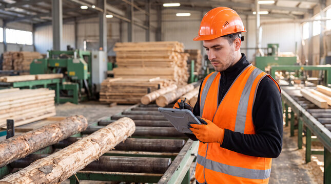 Worker inspecting timber logs on a tablet inside a lumber mill, with machinery and stacks of wood visible in the background