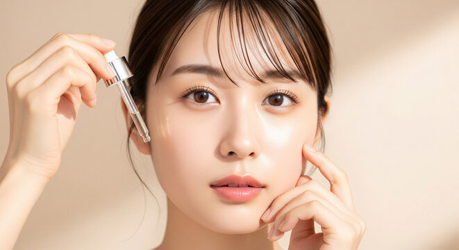 スポイトで美容液（セラム）を塗る若い日本人女性