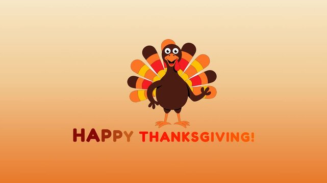 Festive 2D animation for Thanksgiving Day featuring a happy turkey character with Happy Thanksgiving text on light orange background. Video template for intros, greeting cards, and invitations.
